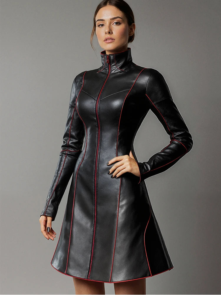 Women Pleated A-Line PU Leather Dress Long Sleeve Grunge Vintage Casual High Street Turtleneck Long Sleeve Mini Dresses 2025