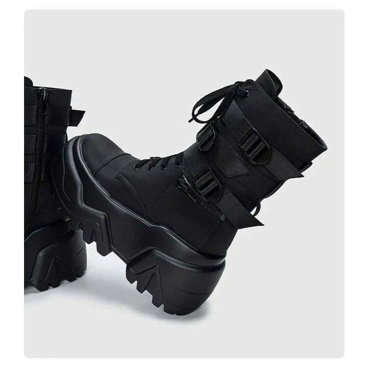 KIMLUD, Women Ankle Booties Autumn Leather Chunky Shoes Woman High Platform Breathable Sneakers 9CM Thick Sole Wedges Motorcycles Boots, KIMLUD Womens Clothes