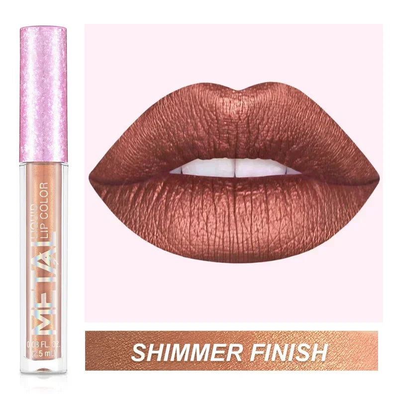 Matte Metallic Liquid Lipstick 12 Colors Waterproof Lasting Glitter Lip Gloss Shiny Shimmer Lip Tint Party Festival Lips Makeup