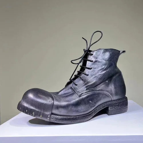 Men's Horse Leather Vintage Wash Water Old Leather Boots Handmade Goodyear- Men's Short Boots Lace Up Round Head Men