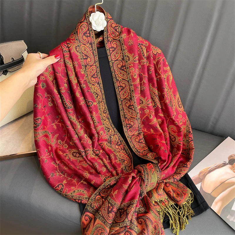 Cashmere Pashmina Shawl With Autumn Print Design, Olive Accents And Gold-Toned Fringe — Red | KIMLUD