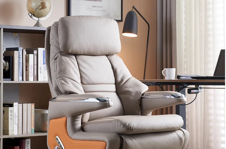 Leather Massaging Executive Office Chair — Beige | KIMLUD