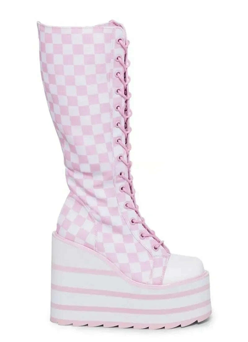 KIMLUD, Canvas red Check Platform Knee high Boots Women Metal Chain Round Toe Wedges Cross Tied Lolita Heighten Shoes Lovely Sexy Boots, KIMLUD Womens Clothes