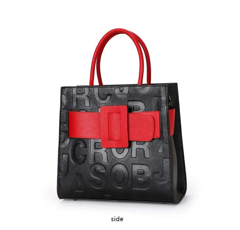 KIMLUD, Aidrani Fashionable women's large capacity handbag with letter print design, made of cowhide material, square, black, KIMLUD Womens Clothes