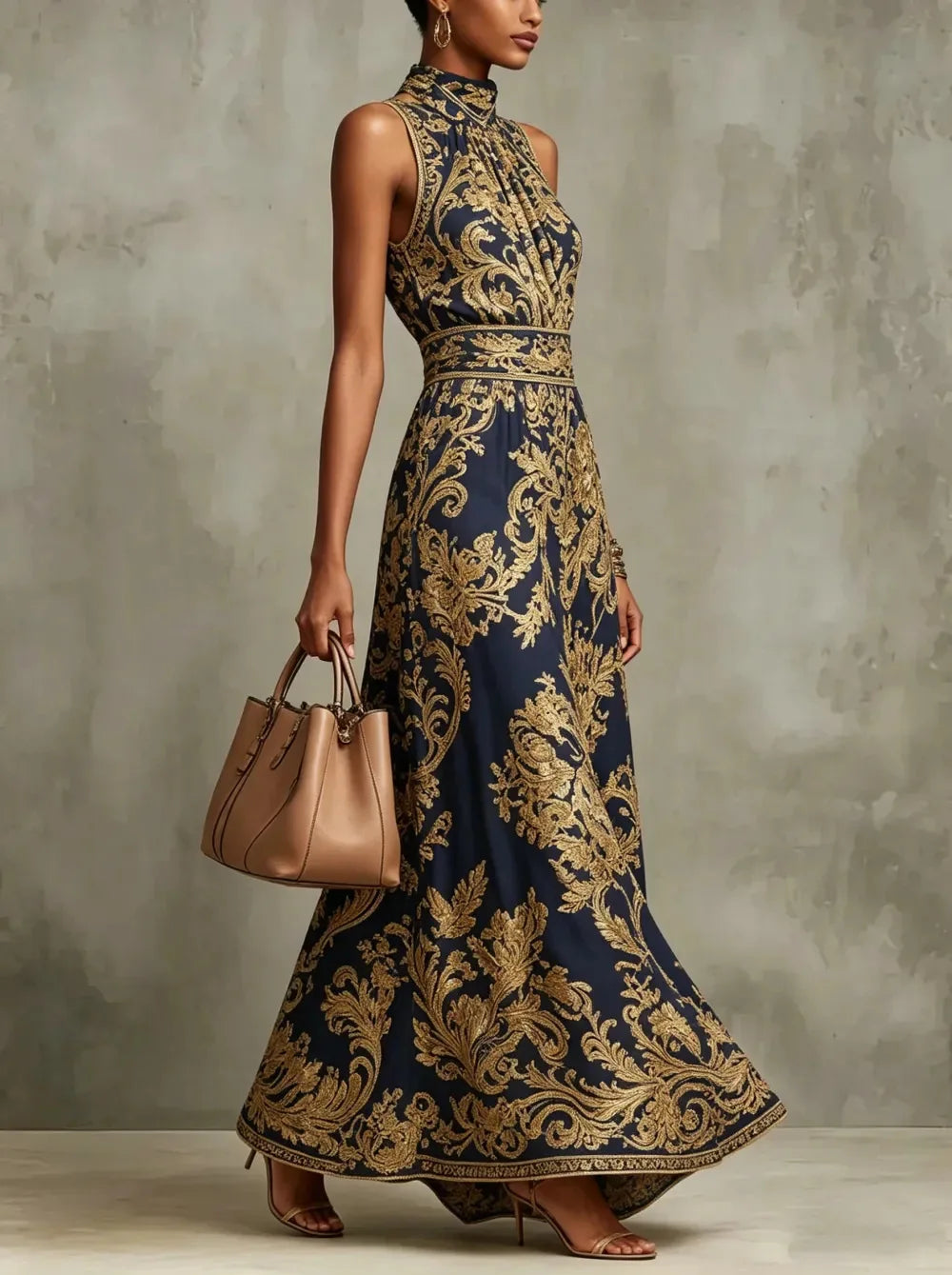Maxi Dress – Baroque Print Halter Neck – Polyester A-Line | KIMLUD