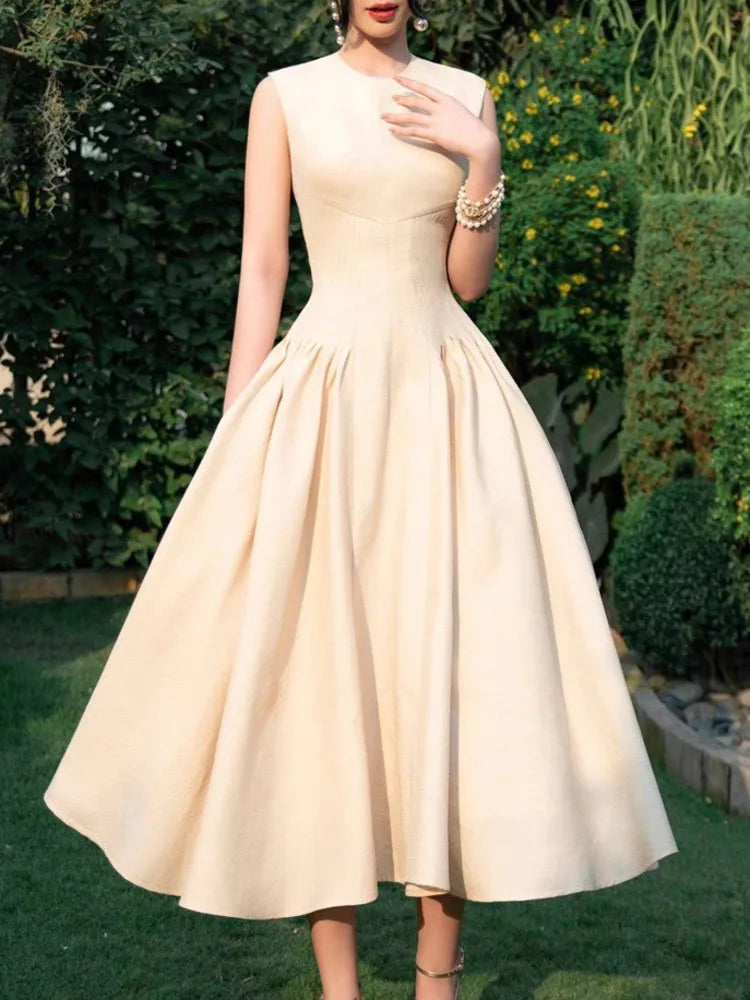 DEAT Elegant Dress O-neck Pleated A-line Big Swing Sleeveless Solid Women's Evening Party Dresses 2025 Spring New Tide 35Z1884