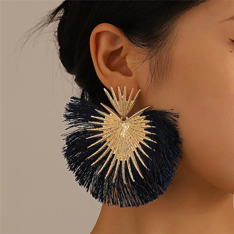 Drop Earrings Exaggerated Metal Tassel Long — Blue | KIMLUD