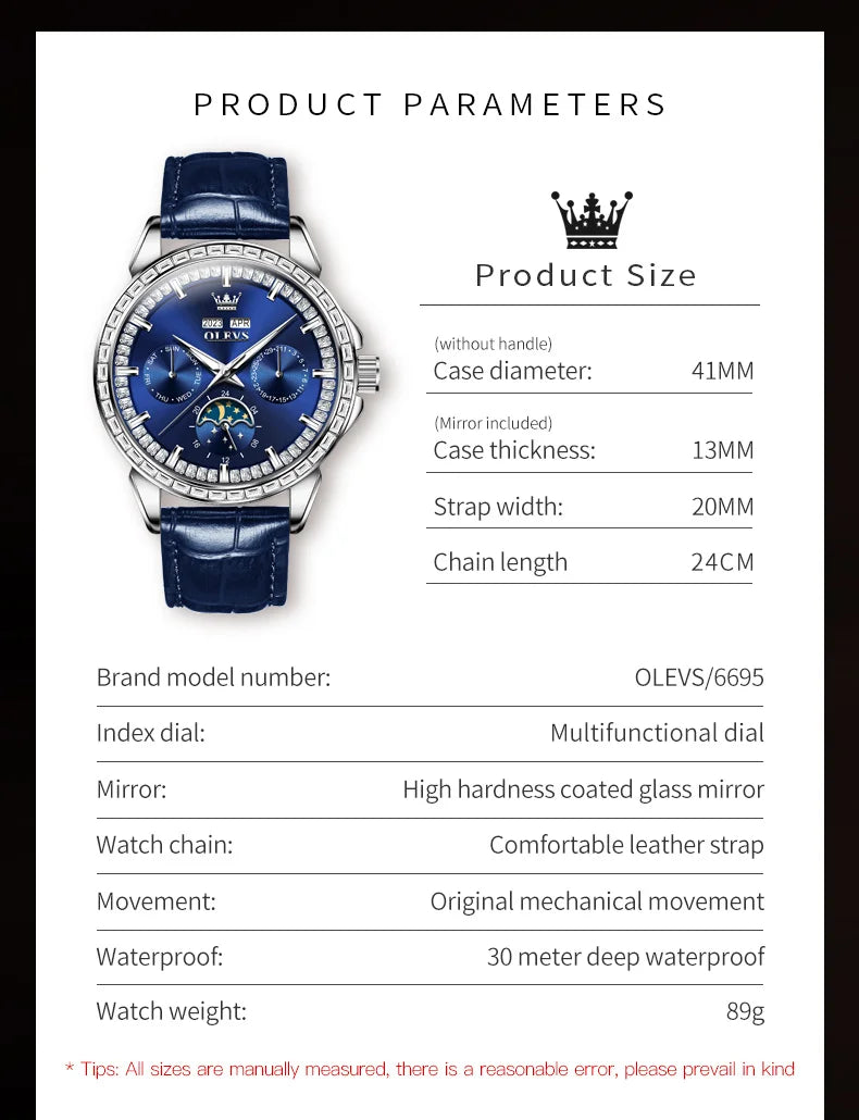 Leather Strap Watch Moon Phase Dial — Sapphire Blue | KIMLUD