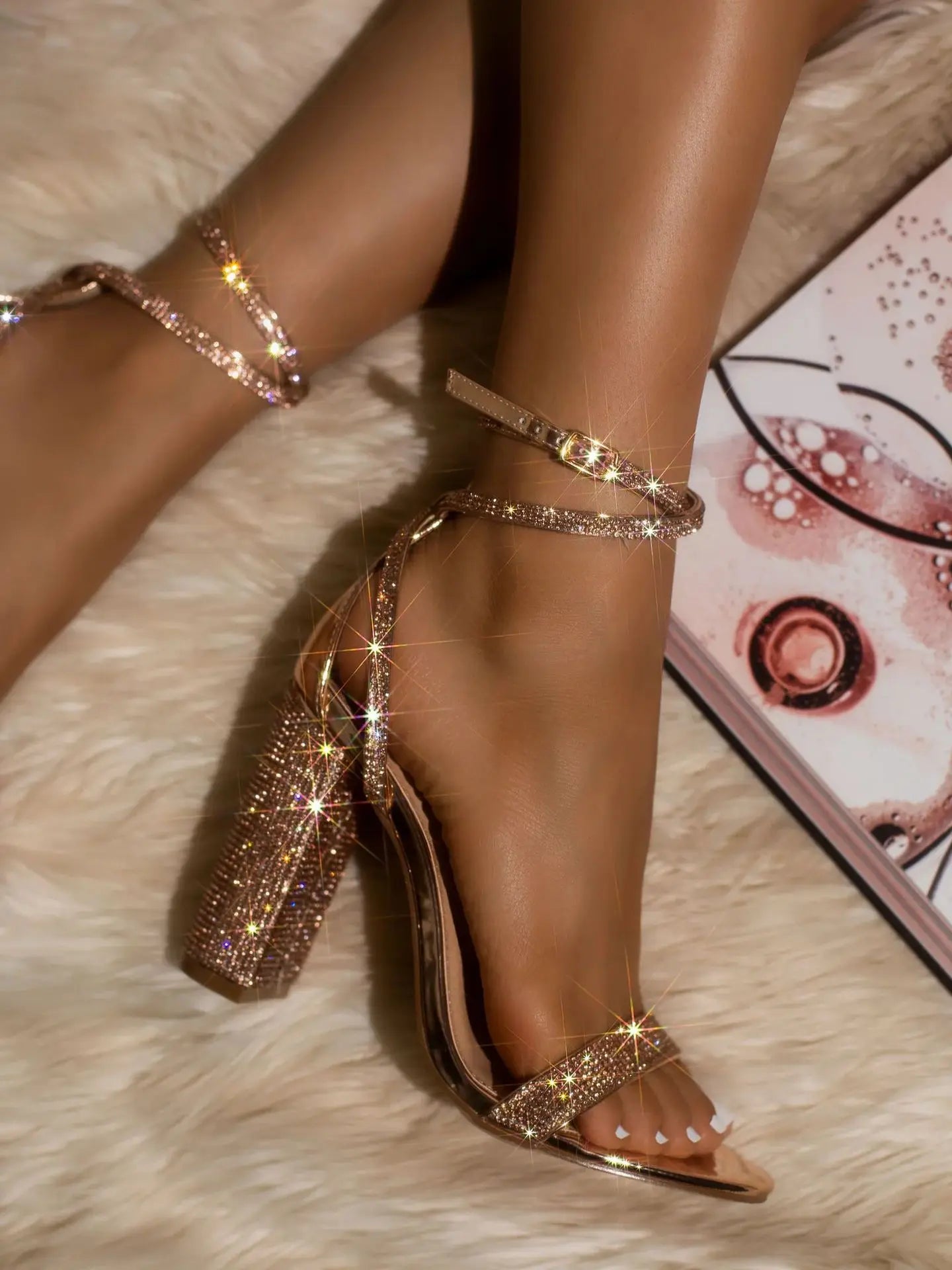 Rhinestone Sandals High Heel Buckle Strap — Silver | KIMLUD