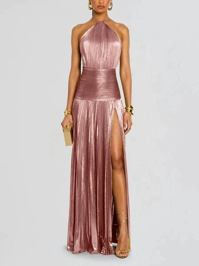 Gold Halter Neck Evening Dress Woman Chic Solid Color Pleated Backless Package Hip Slit Dress Fashion Trendy Lady Party Vestidos