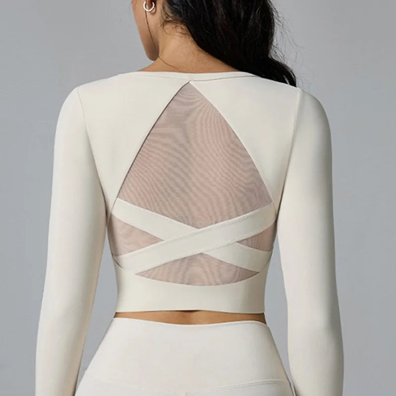 Nylon Elastane Knit Long Sleeve Yoga Top — White | KIMLUD