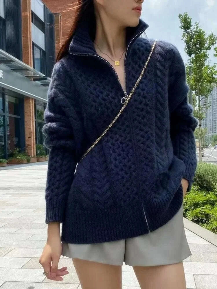 KIMLUD, Autumn And Winter New Thick Turtleneck Knitted Cardigan Women's Loose Wool Sweater Cardigan Larg Size Female Jacket Top, KIMLUD Womens Clothes