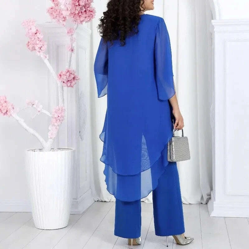 KIMLUD, Elegant 2 Pieces Sets Woman's Chiffon Solid Mid-Sleeve Layered ruffled edges Long Top & Straight-leg Trousers Pants Sets Outfits, KIMLUD Womens Clothes