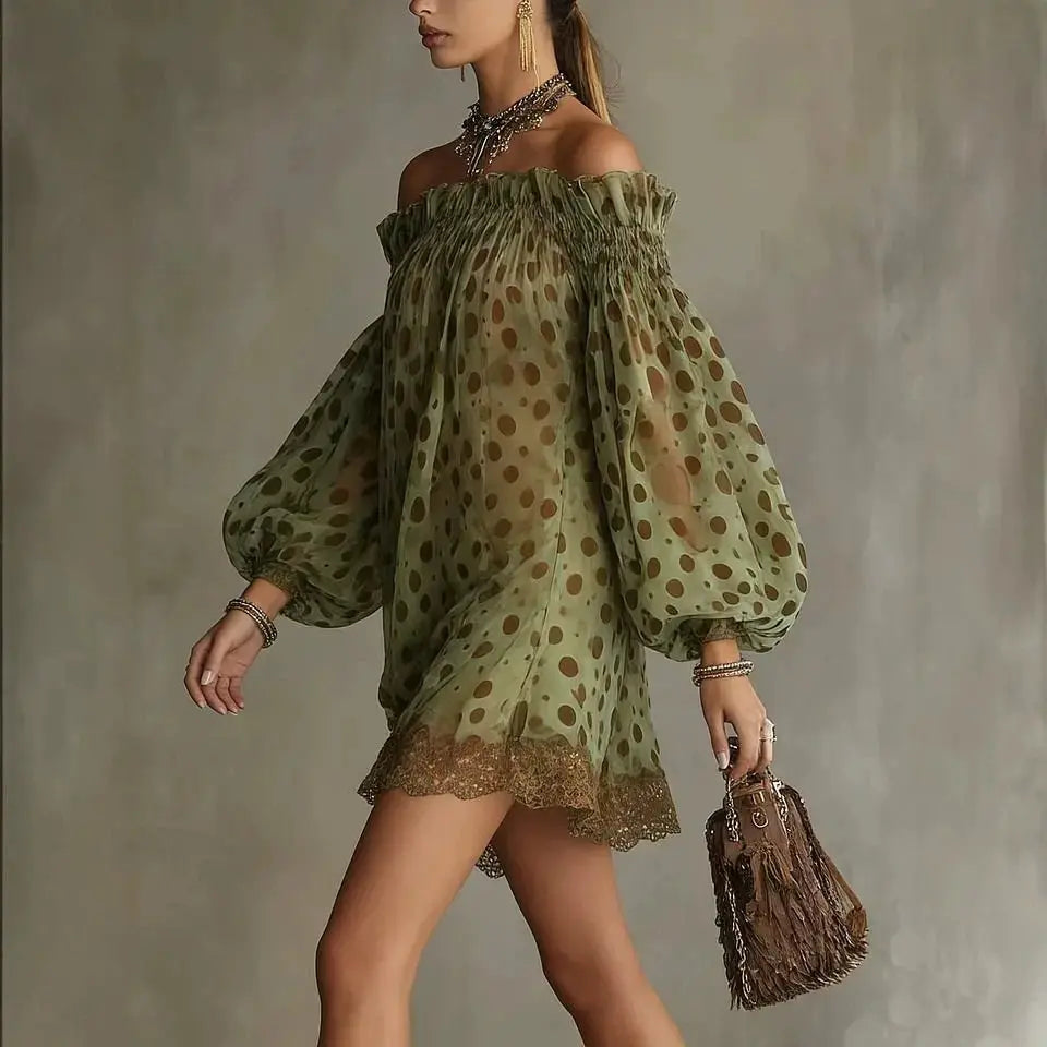 Polyester Off-Shoulder Puff Sleeve Mini Dress Olive Polka Dot | KIMLUD
