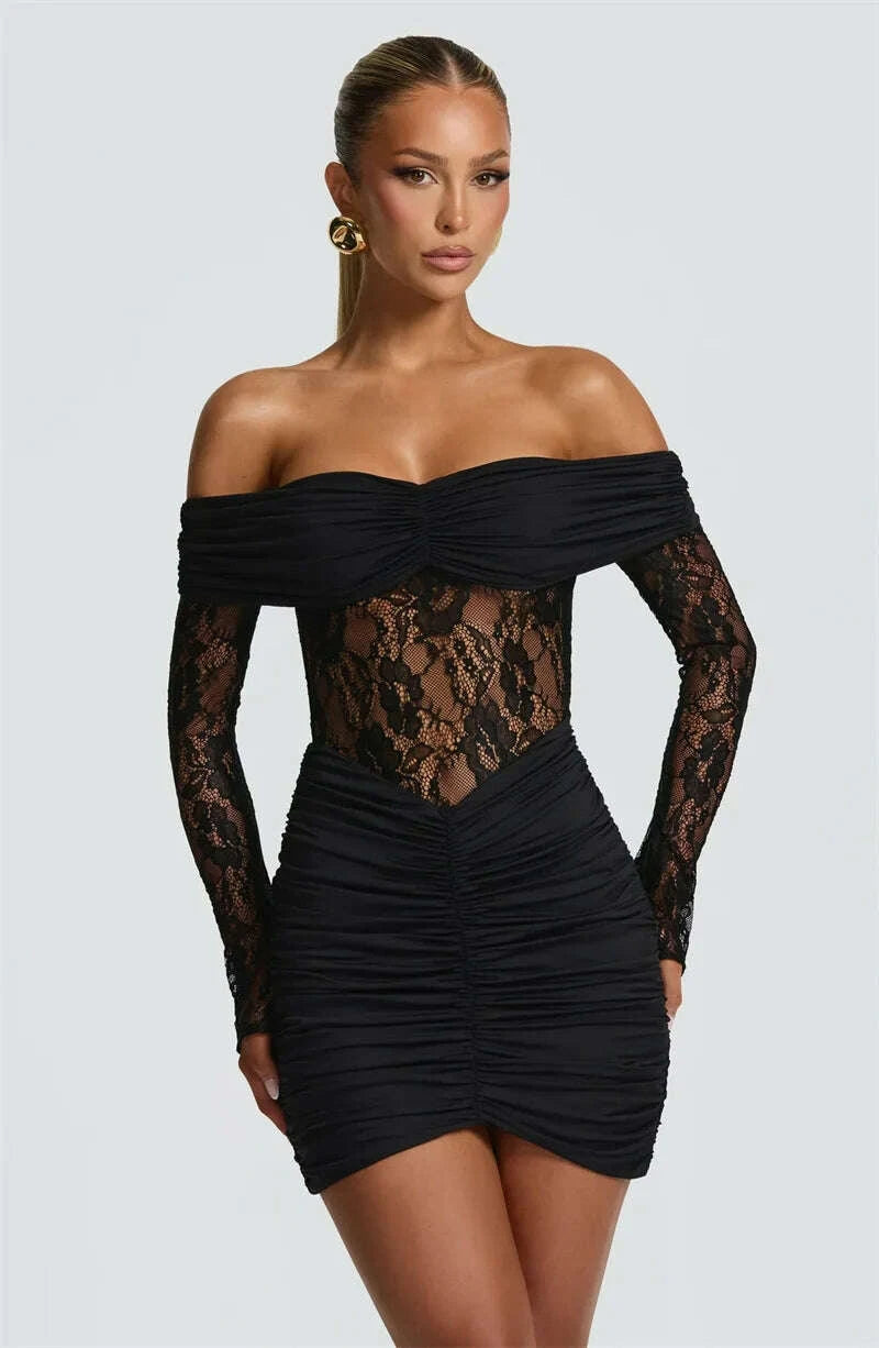 KIMLUD, Mozision Off-shoulder Strapless Backless Sexy Mini Dress Women Gown Elegant Lace See Through Long Sleeve Ruched Club Party Dress, KIMLUD Womens Clothes