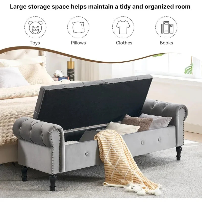 Velvet Tufted Storage Bench, 67" Bedroom End of Bed Bench, King Size with Rolled Arms, Button Ottoman Bench