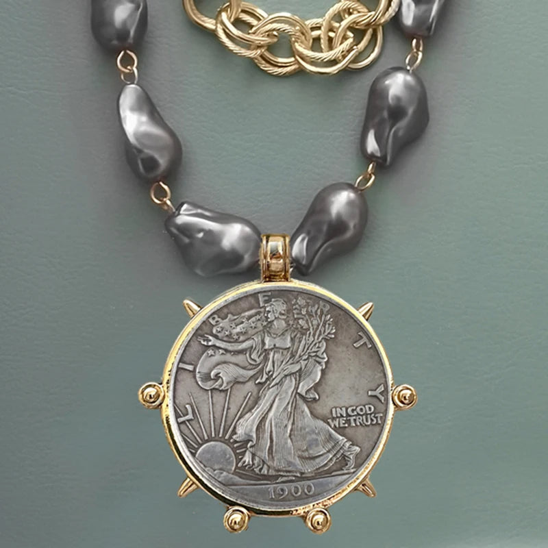 Copper Large Coin Pendant Necklace — Grey | KIMLUD