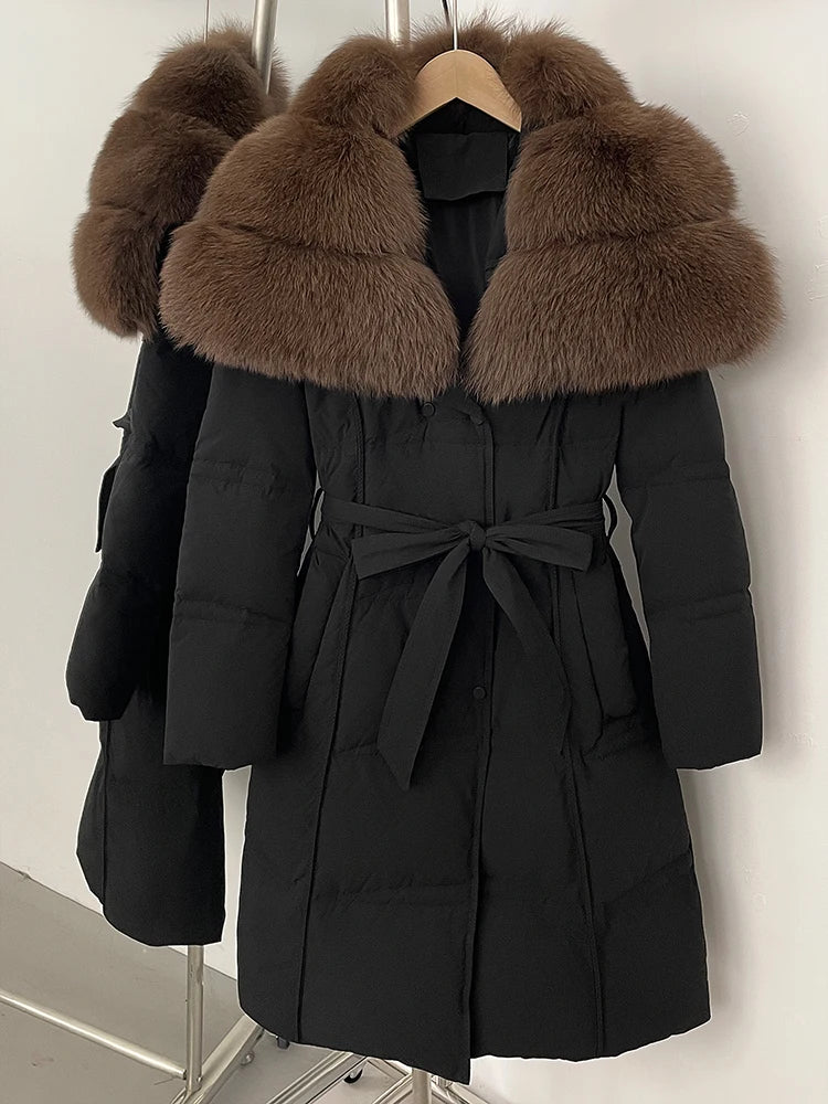 Long Real Fox Fur Collar Down Coat — Natural | KIMLUD