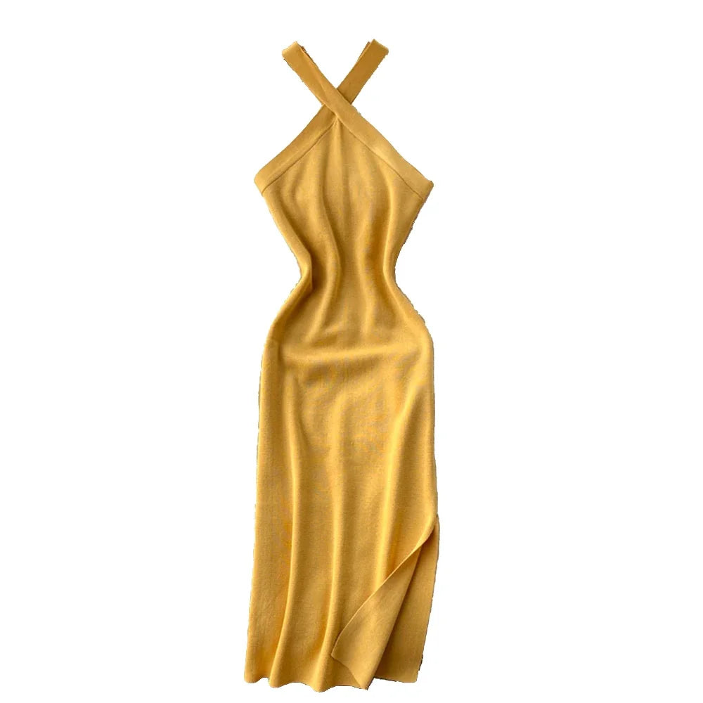 Knit Bodycon Midi Dress Halter Neck Side Slit — Burgundy | KIMLUD