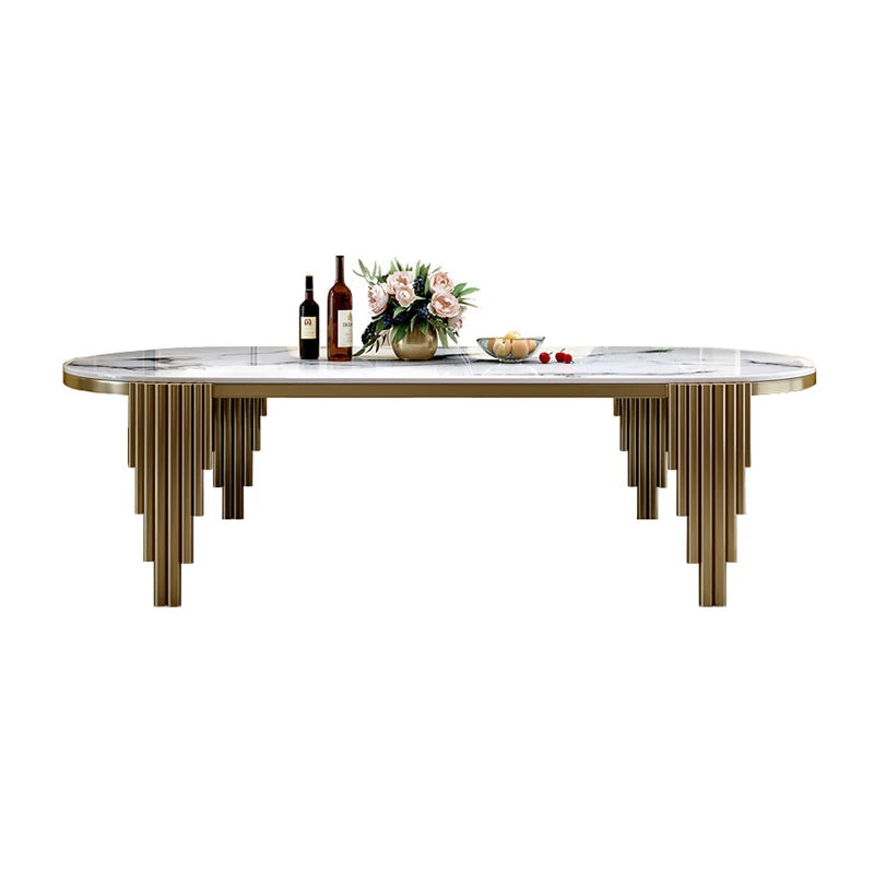 Stainless Steel Dining Set With Marble Table And Cream Upholstered Chairs — White | KIMLUD