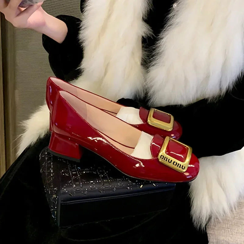 PU High Heels Round Toe Metal Buckle — Black | KIMLUD