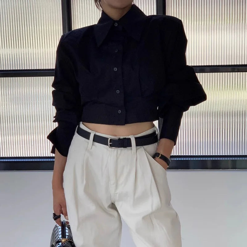Blouse – Turn-Down Collar Long Sleeve – Hollow Out Details | KIMLUD