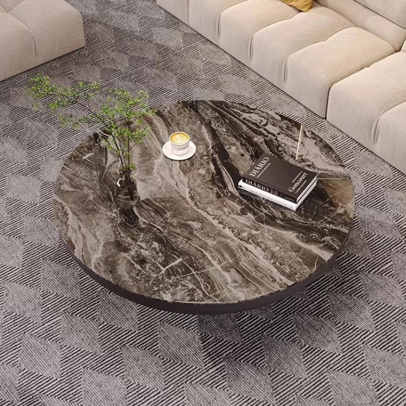 Italian Luxury Round Coffee Table Veined Marble Surface — Charcoal Gray | KIMLUD