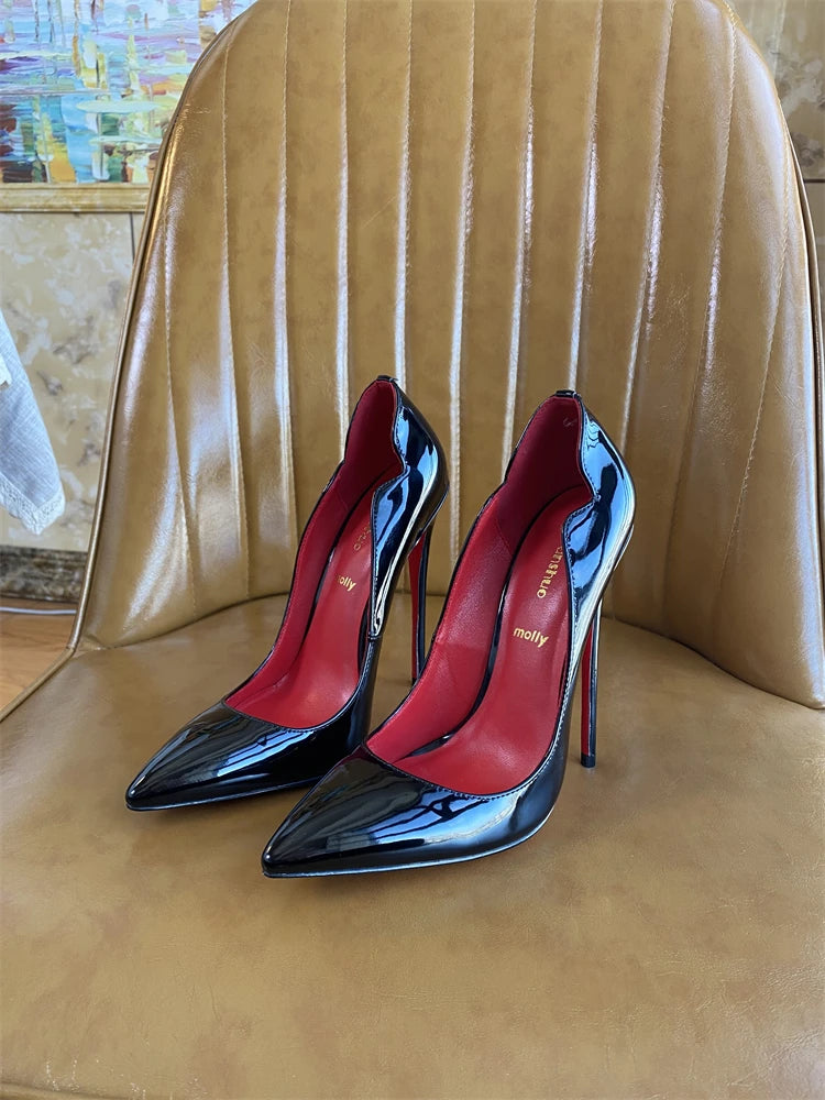 Spring and Autumn New Lacquer Wave V-neck High Heels 12cm Fashionable and Sexy Commuting Single Shoes