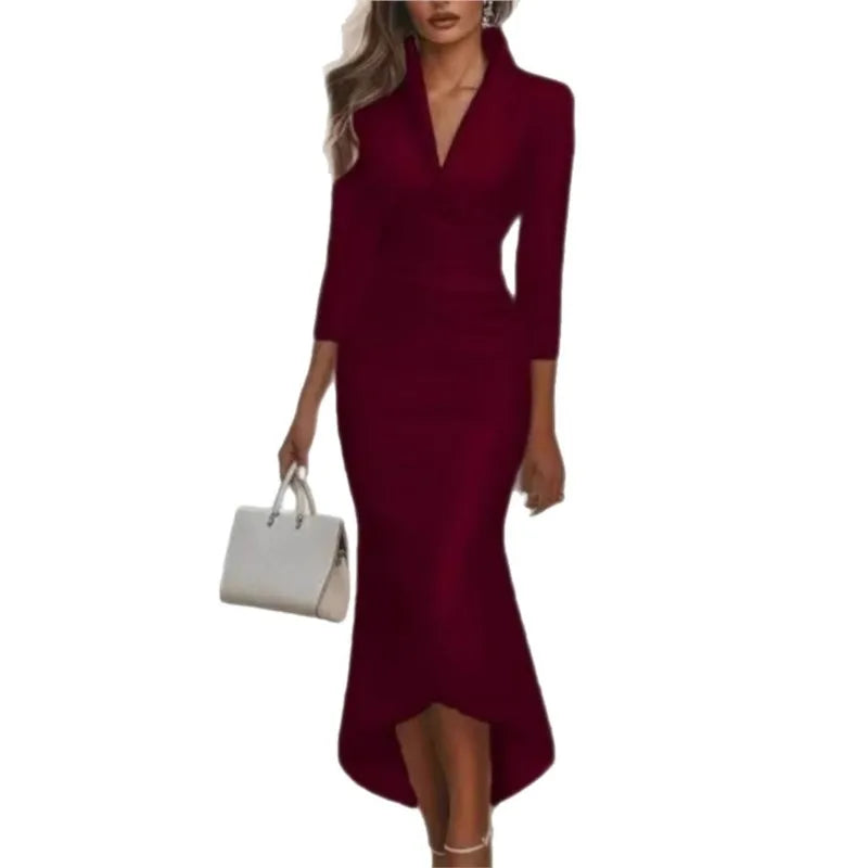 Elegant High-end Commuter Dress 2025 Autumn Simple Grand Solid Color V-neck  Cinched Waist  Long-sleeved Ankle-length Long Dress