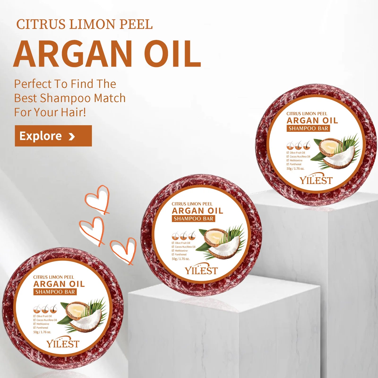 Argan Oil Shampoo Bar For Damaged Frizzy Hair Smooths Scalp, Nourishes Strands — Orange | KIMLUD