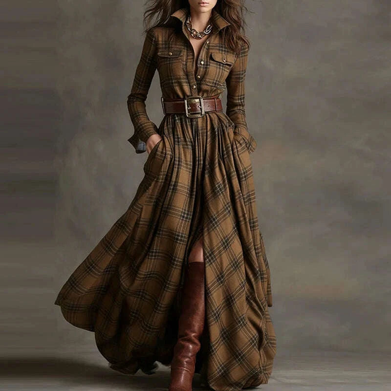 KIMLUD, 2025 Turn-Down Collar Patchwork Party Dress, Women Spring Autumn Long Sleeve Chic Maxi Dress, Plaid Printed Loose Cardigan Dress, KIMLUD Womens Clothes