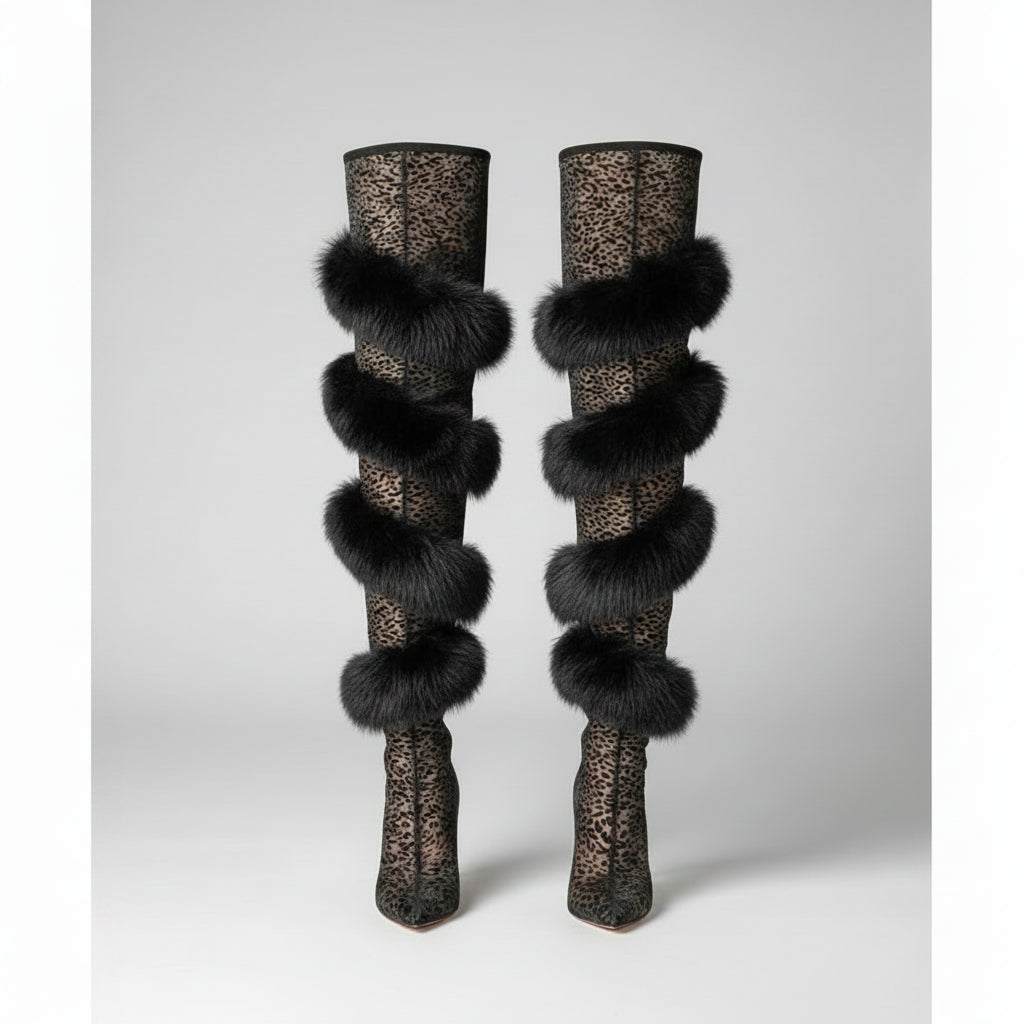 Lace Leopard Print Thigh-High Boots — Black | KIMLUD
