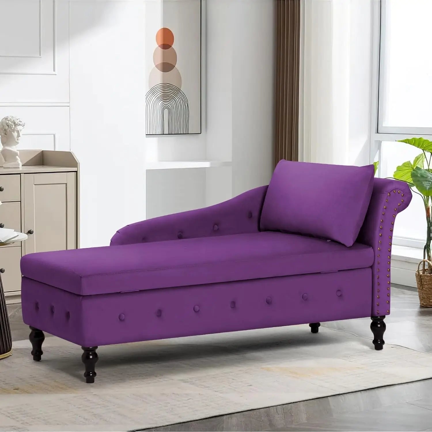 Velvet Chaise Lounge with Left Armrest & Storage Space,Button Tufted Lounge Chair w/Lumbar Pillow,Modern Upholstered Lounge Chai