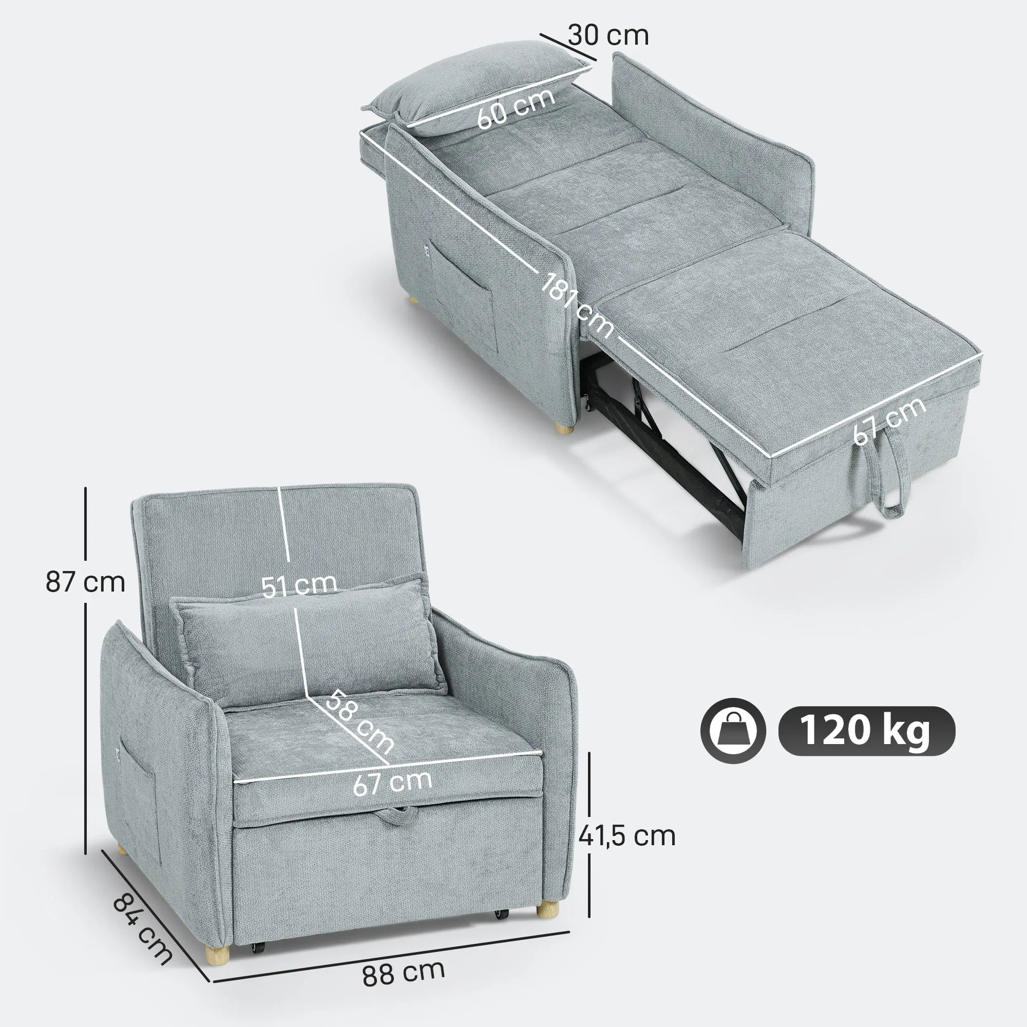 Textured Fabric Armchair 3-in-1 Convertible With Wide Seat — Dusty Blue-Gray | KIMLUD