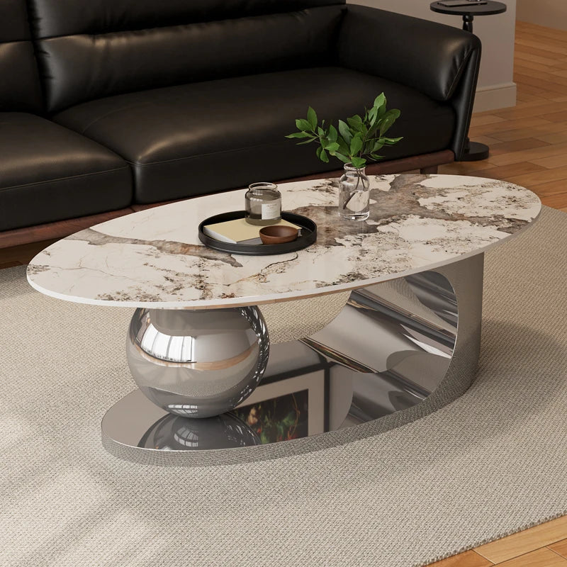 Nordic Designer Minimalist Coffee Table Oval Silhouette Rock Slab Top — Ivory White | KIMLUD