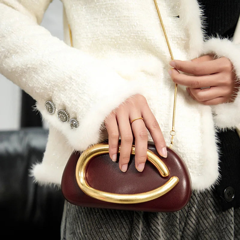 PU Leather Box Clutch Bag With Gold Closure And Chain Detailing — Black | KIMLUD