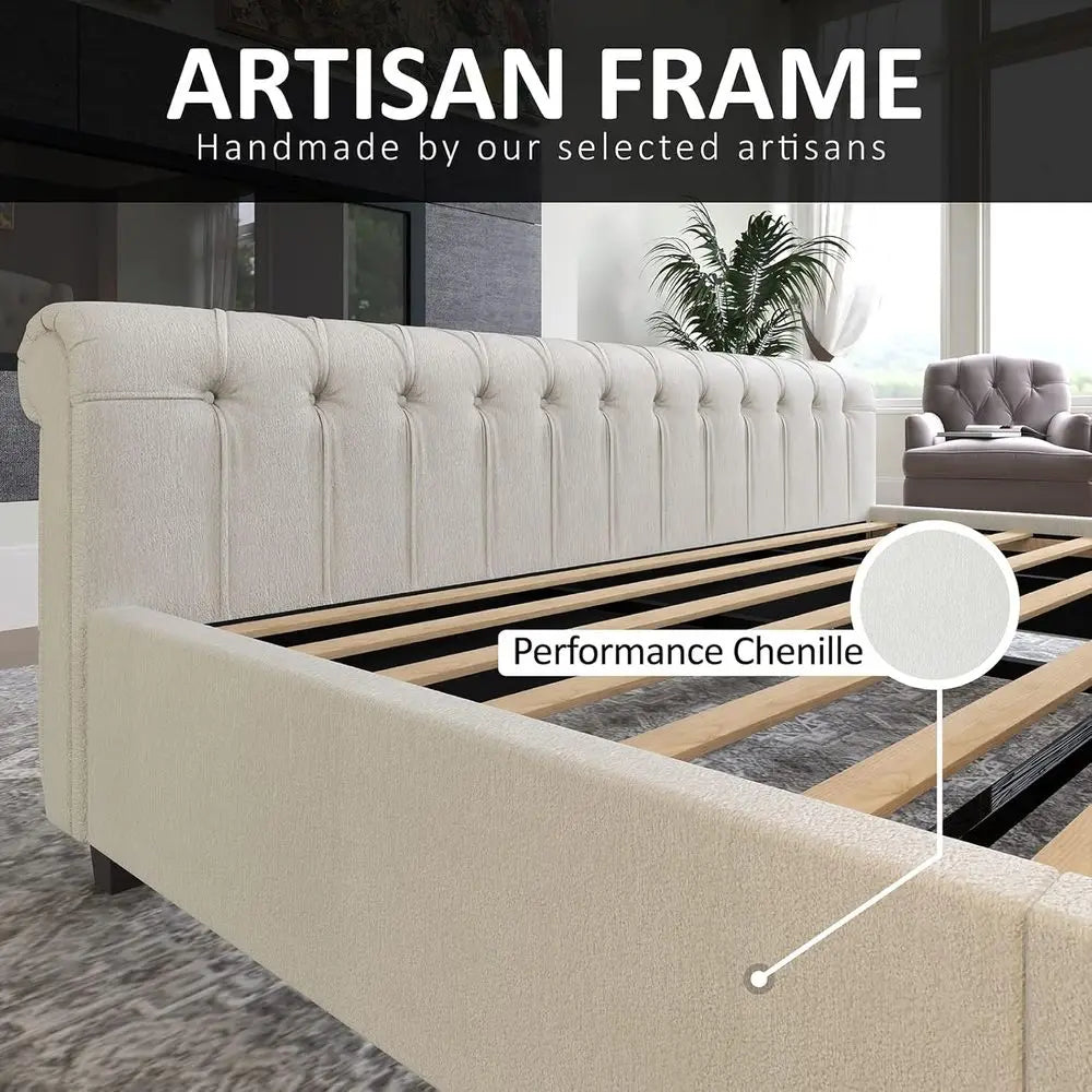 Chenille Upholstered King Size Platform Bed — Ivory | KIMLUD