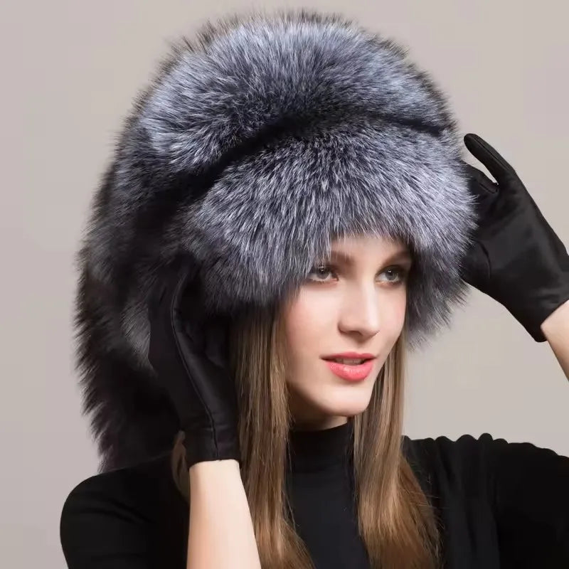 Fox Fur Ushanka Hat Fluffy Tail Cap — Natural | KIMLUD