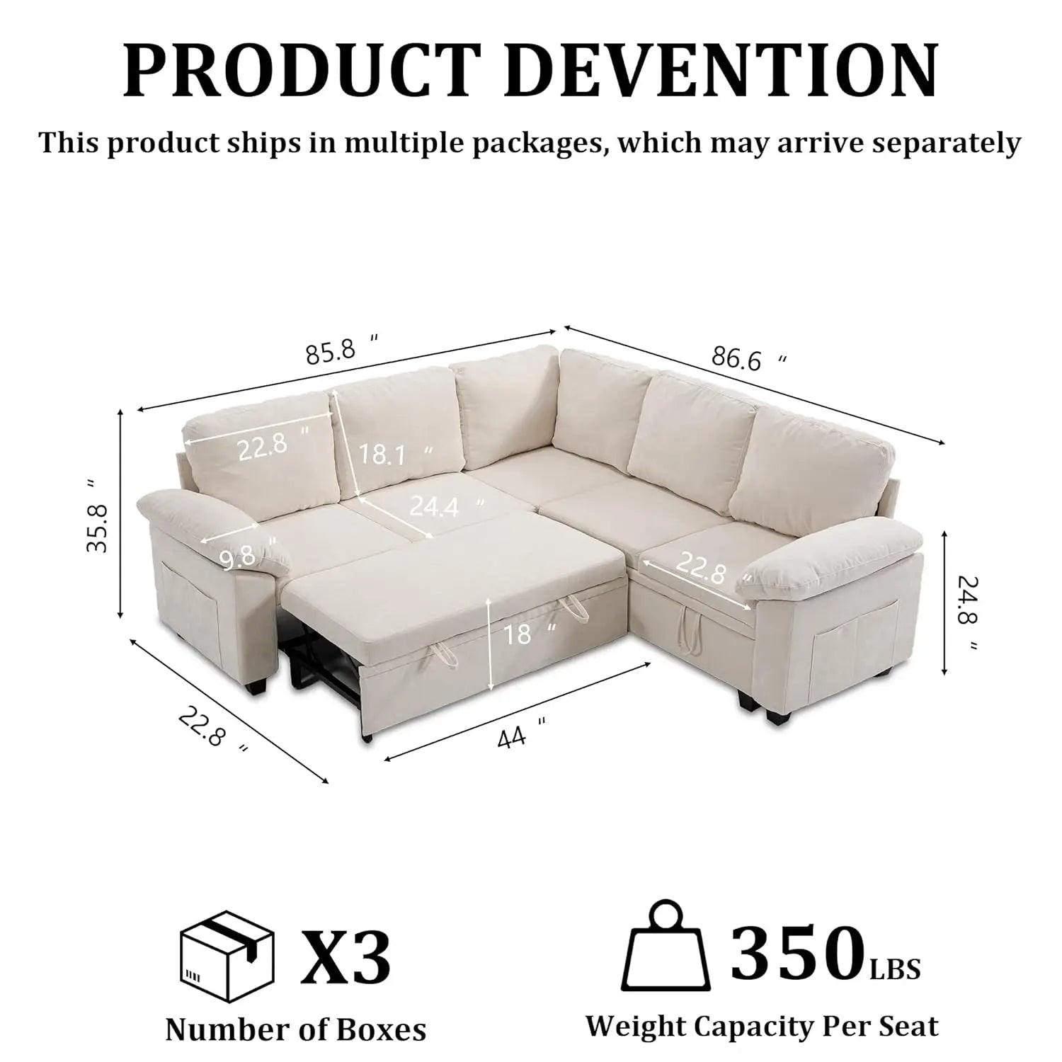 108in L-Shaped Sleeper Sectional Sofa Bed with Storage, Chenille, 5-Seat Modular for Living Room Apartment, Customized