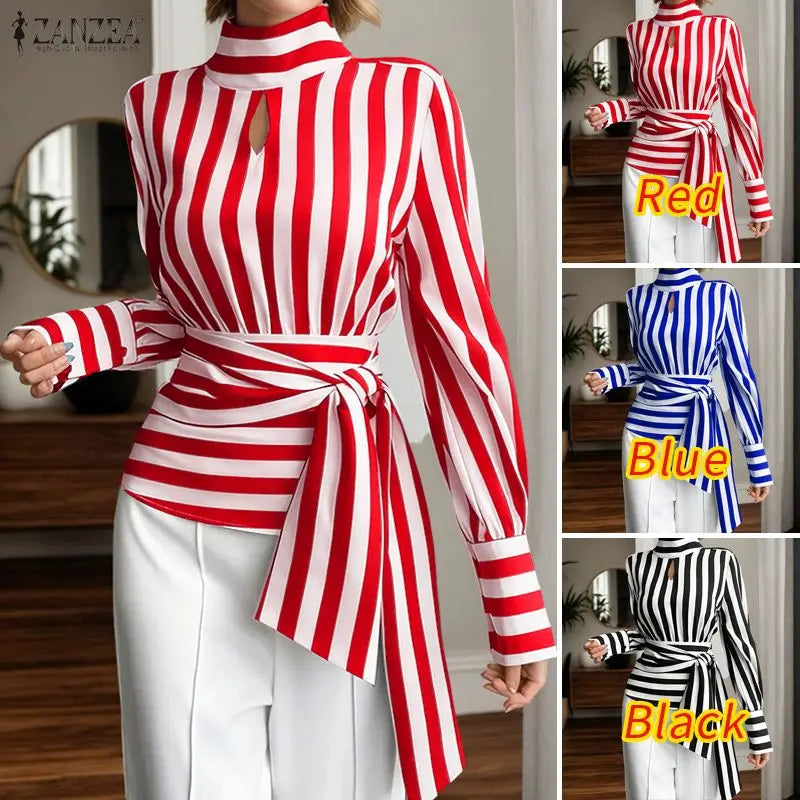 ZANZEA Women Stylish Tie Waist Striped Blouses 2025 Autumn Fashion Long Sleeve Cutout Turtleneck Tops Woman Clothing Streetwear