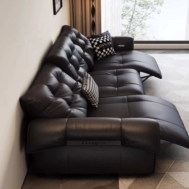 Full-Grain Leather Minimalist Multifunctional Sofa With Sculpted Modular Form — Black | KIMLUD