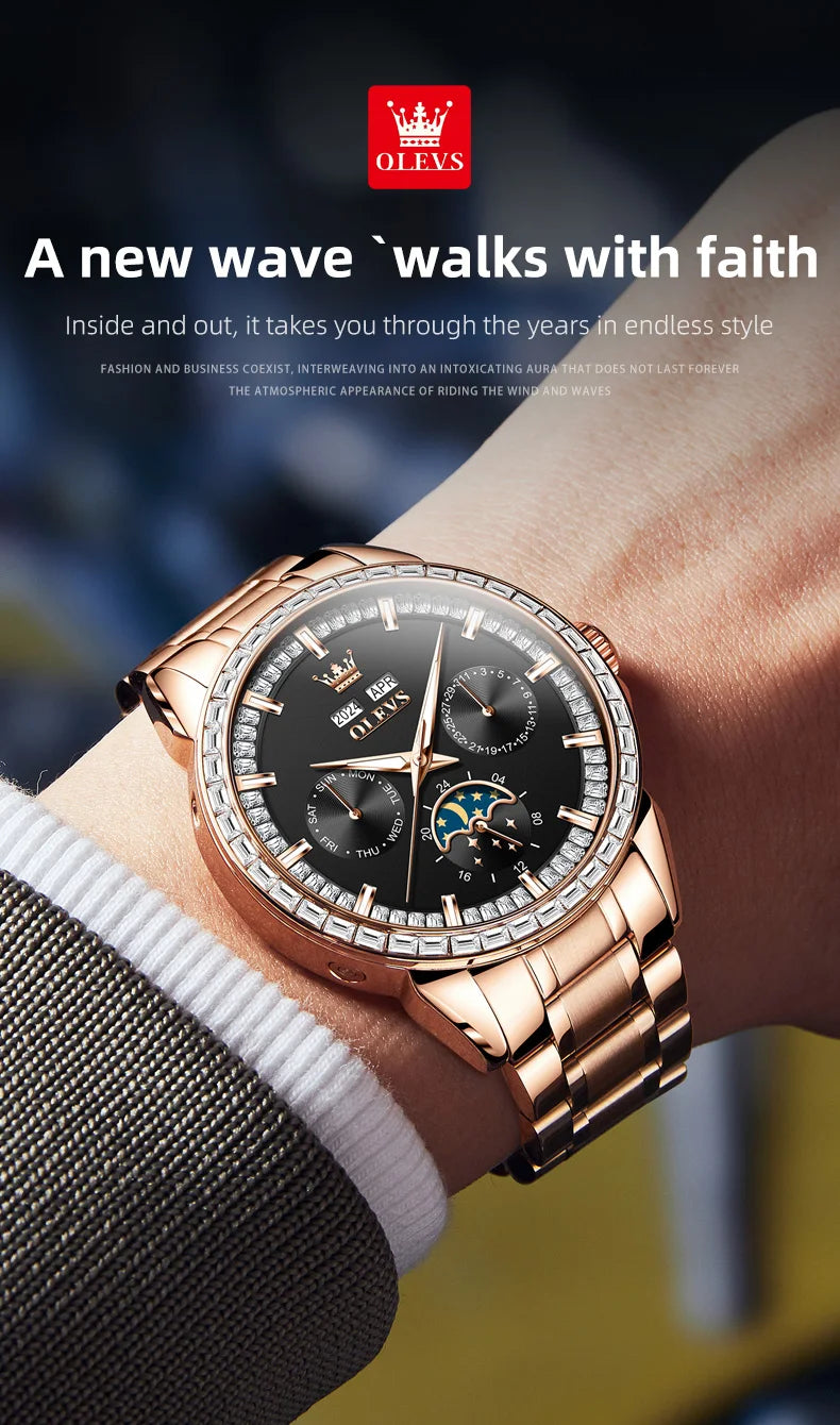 Rose-Gold Moon Phase Diamond Bezel Watch — Black | KIMLUD