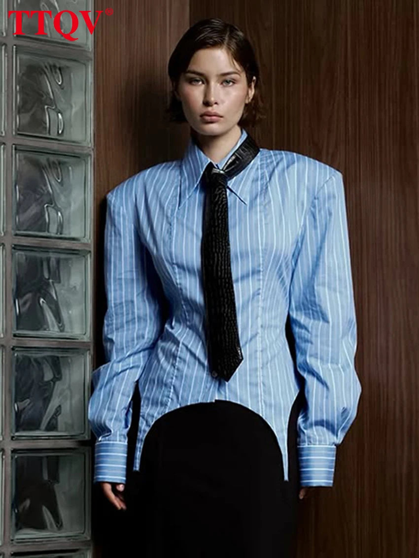 Loose Stripe Print Blouse Lapel Long Sleeve — Light Blue | KIMLUD