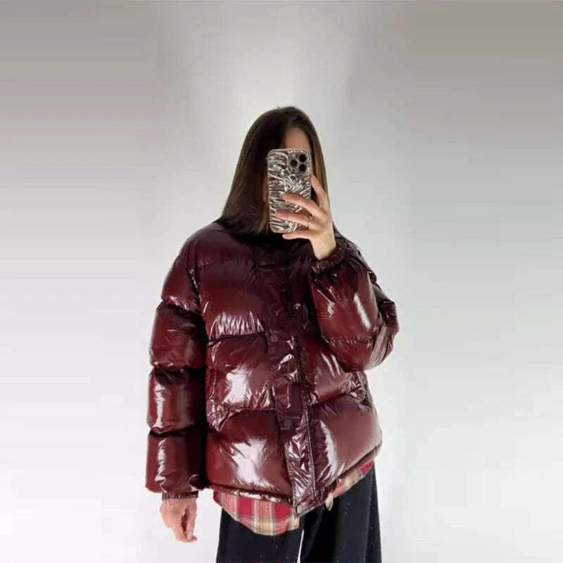 KIMLUD, Chic Glossy Women's Thicken Cotton Coats Hooded Solid Loose Zippers Warm Lady Coat 2025 Winter Casual Female Street Jackets, KIMLUD Womens Clothes