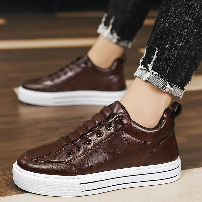 HKDQ Trend Leather Casual Shoes Men Fashion Leisure Slip-on Men's Shoes Original Design Elastic Comfortable Men Skateboard Shoes