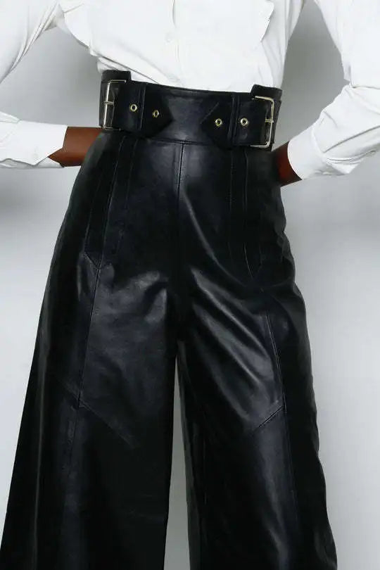 CM.YAYA Women Fashion Faux Leather High Waist Wide Leg Loose Pants Sashes Zipper 2025 Spring Party Casual Street PU Trousers