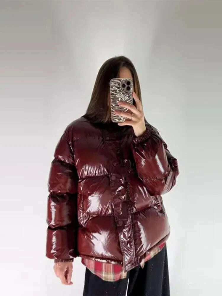 KIMLUD, Chic Glossy Women's Thicken Cotton Coats Hooded Solid Loose Zippers Warm Lady Coat 2025 Winter Casual Female Street Jackets, KIMLUD Womens Clothes