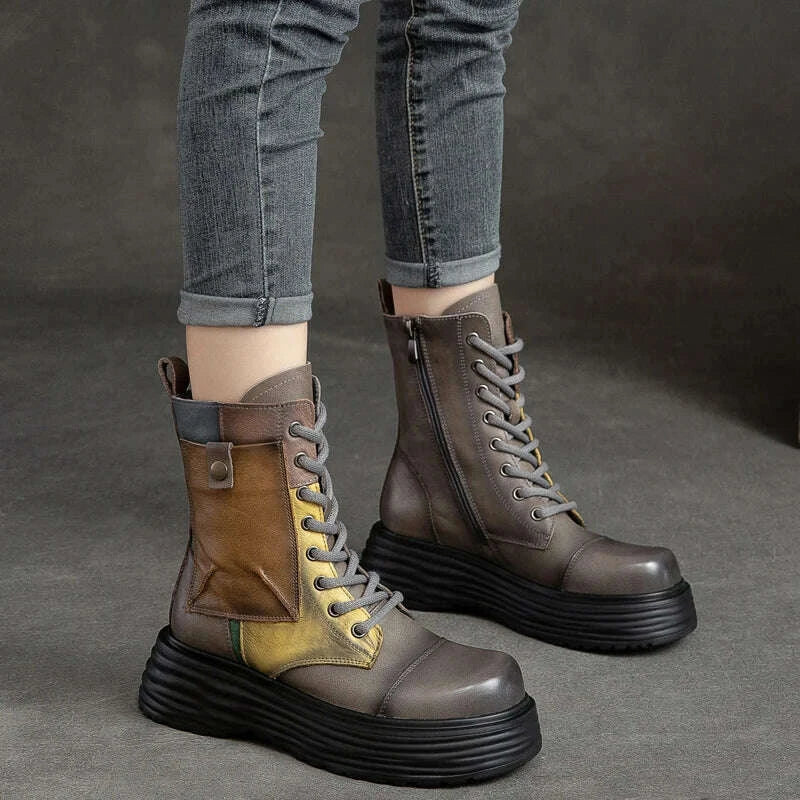 KIMLUD, GKTINOO Handmade Boots Women Genuine Leather Round Toe Lace-up Zipper Platform Thick-soled Mid-calf Boots Retro Zapatos Mujer, KIMLUD Womens Clothes