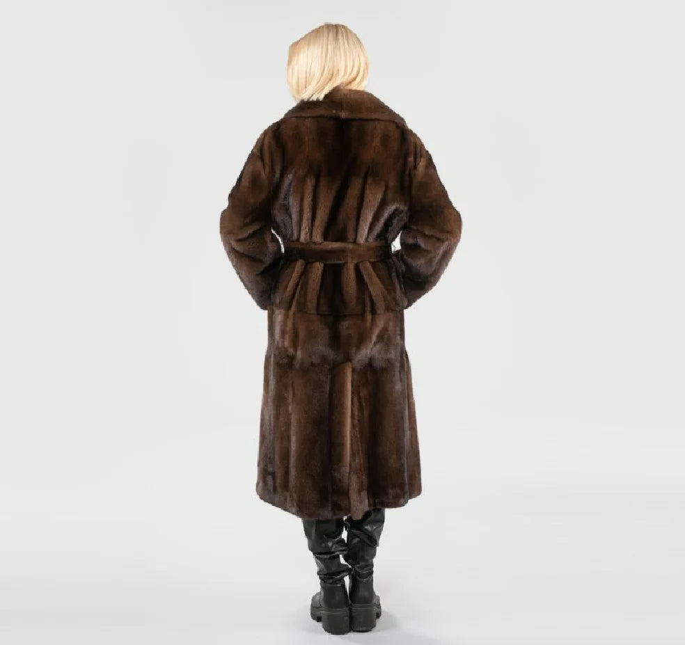 Ladies High Quality Real Mink Fur Coat with Belt Winter Warm European Street Style Women's Fashion Outerwear