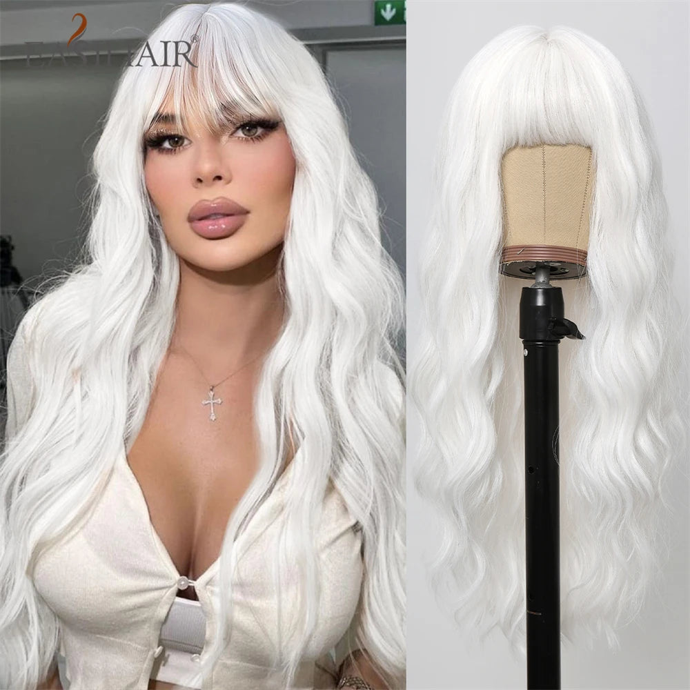 EASIHAIR Sandy Blonde Golden Wavy Synthetic Wigs with Long Bangs Cosplay Lolita Party Hair Wigs for Women Natural Heat Resistant